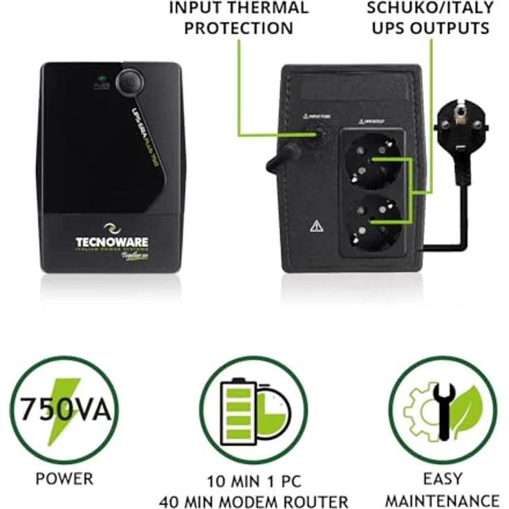 Tecnoware ERA Plus 750 Unterbrechungsfreie Stromversorgung (UPS) 750 VA 2 AC-Ausgänge Line-Interaktiv - Unterbrechungsfreie Stromversorgungen (USP) (750 VA, 525 W, 50-60 Hz, 5%, Typ F, 2 AC-Ausgänge) – Bild 2