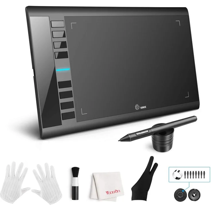 UGEE M708 Grafiktablett, 10 x 6 Zoll mit 8192 Druckstufen, Stift mit 8 Schnellzugriffstasten, kompatibel mit Windows und Mac OS