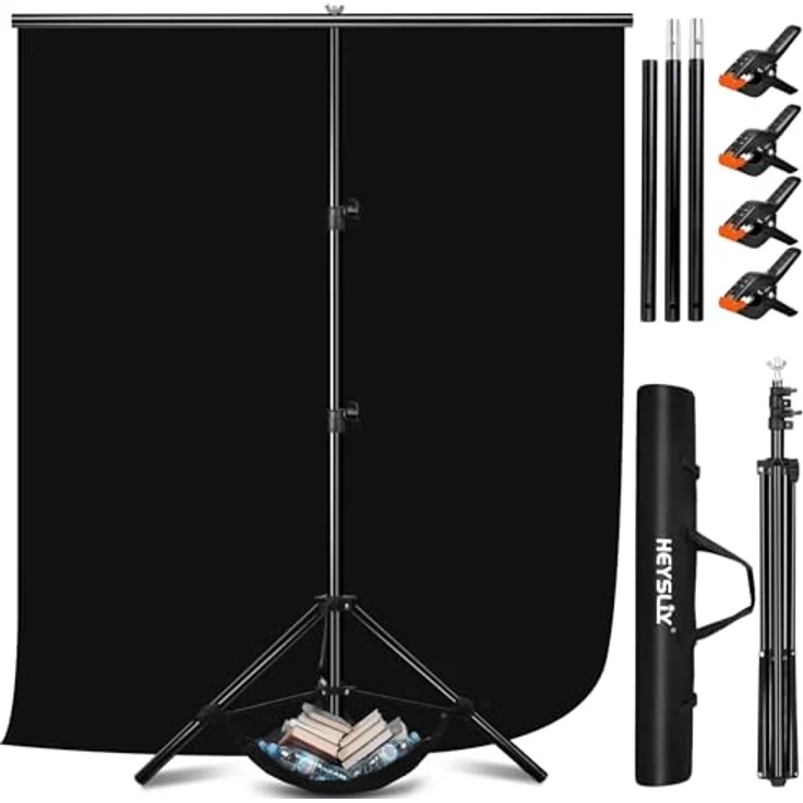 Heysily Fotohintergrund Schwarz mit Ständer 2x2m & 1.5x2m – Waschbares, rutschfestes Tuch Backdrop Set für Fotostudio, Porträts und Streaming, höhenverstellbar von 68–200 cm – Bild 1