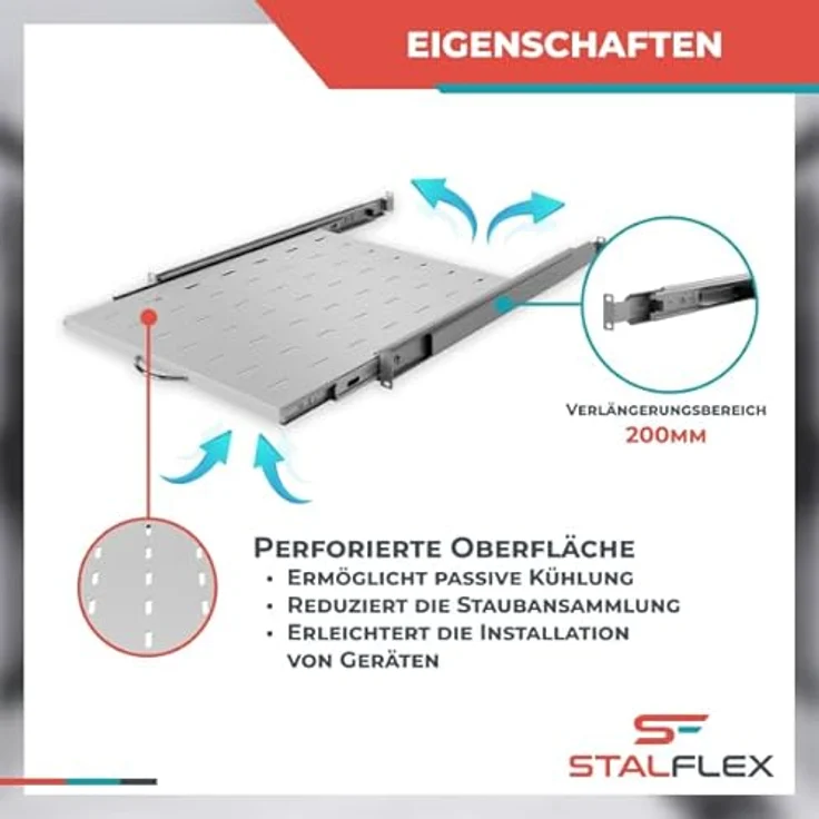 STALFLEX Server Netzwerkschrank 19 Zoll 1U 550mm, Hochbelastbarer Stahl, Ausziehbares Belüftetes Rackmontage Kragarmtablett, 19 Zoll Fachboden – Bild 3