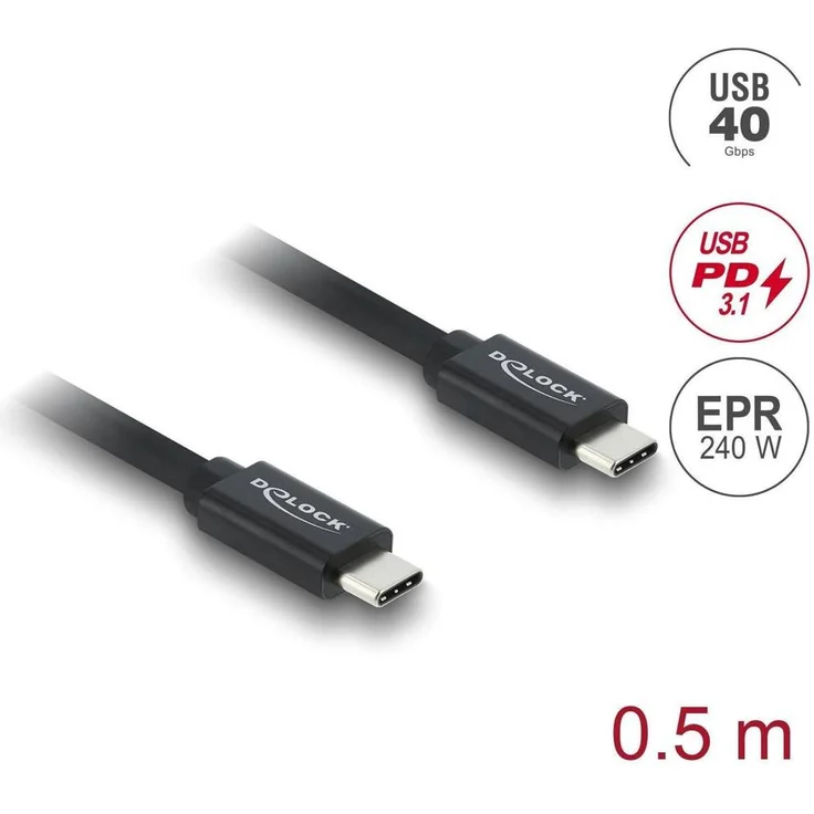 DeLOCK Koaxiales USB 40 Gbps Kabel, USB PD 3.1 240 W, 0,5 m, USB C, USB4 Gen 3x2, Schwarz