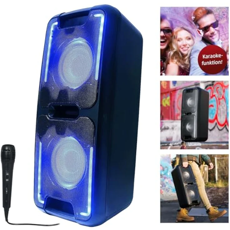 Reflexion PS08BT DJ Karaoke PA-Anlage, mobil mit Akku und Lichteffekten (Bluetooth, USB, AUX, Mikrofon, 480 Watt), schwarz – Bild 2