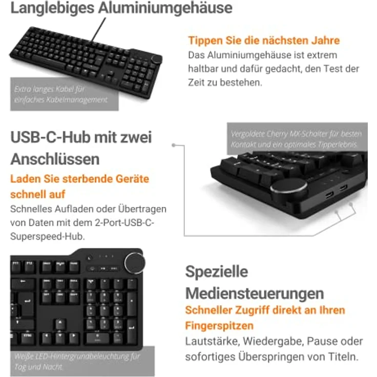 Das Keyboard 6 Professionelle kabelgebundene mechanische Tastatur mit Hintergrundbeleuchtung – Taktile Cherry MX-Schalter, durchscheinende Tastenkappen, 2-Port-USB-C-Hub I DE Layout (Cherry MX Blue) – Bild 5