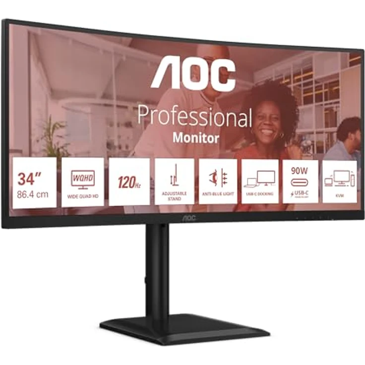 AOC CU34E4CV 34 Zoll WQHD-Monitor, 120 Hz, VA-Panel, 4 ms MPRT, Adaptive Sync, HDR Ready, Höhenverstellung, Lautsprecher, Schwarz – Bild 1