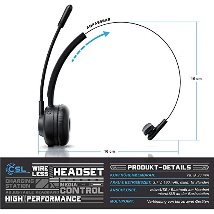 CSL kabelloses Headset mit Ladestation, schwarz – Bild 3
