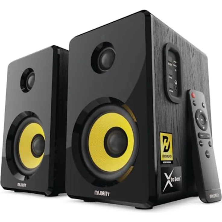 MAJORITY D40X Aktiv Regallautsprecher | 70W 2.0 Gelber Kevlar-Kegel Monitor Lautsprecher | Studio Monitor mit Bluetooth | Bookshelf HiFi Speakers mit Optische, RCA, USB AUX & Inklusive Fernbedienung