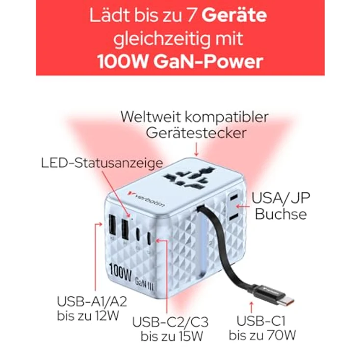 Verbatim Charge 'n' Travel 100W Universaler Reiseadapter, mit einziehbarem USB-C-Kabel, GaN III-Technologie, 7-in-1 Ladefunktion, EU/UK/US/AUS Steckformat – Bild 4