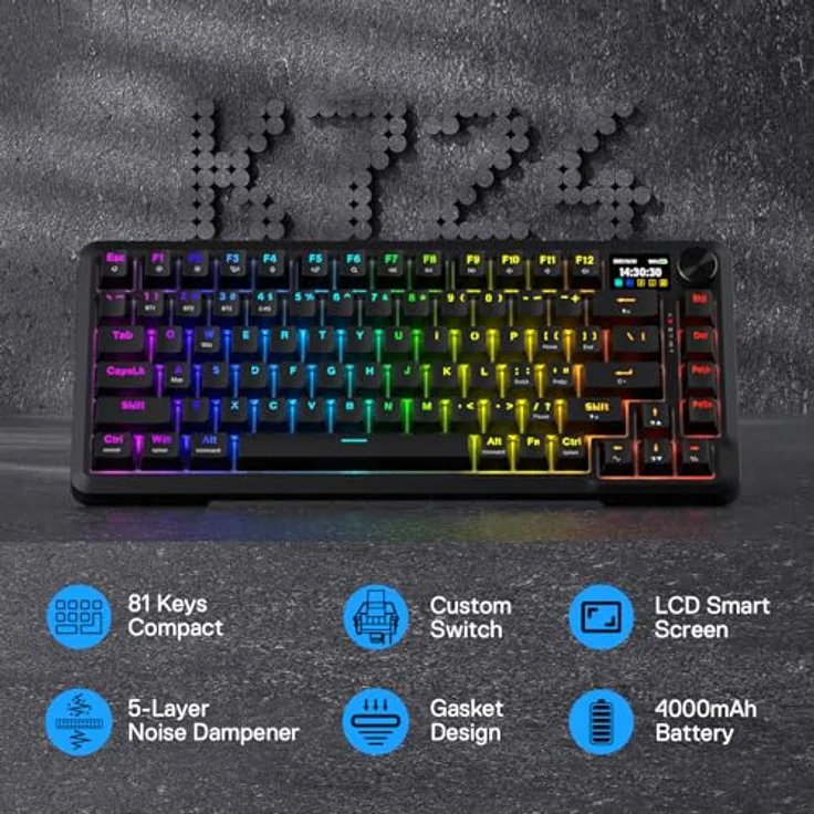 Redragon K724 PRO Kabellose Gasket-Gaming-Tastatur mit 1,14-Zoll-TFT-Infodisplay, 81 Tasten, Geräuschdämmung und Custom Mint Mambo Switch, US-Layout – Bild 2