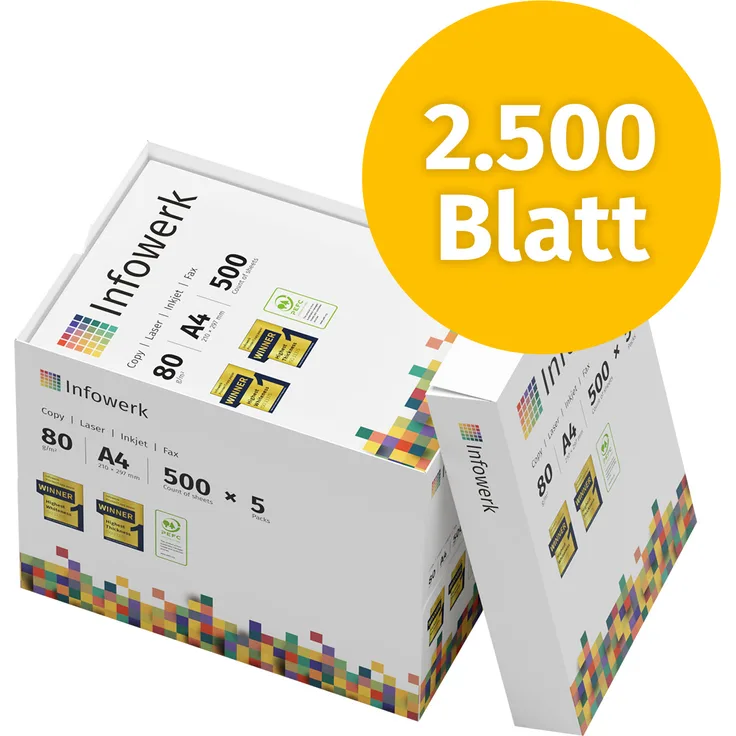 Infowerk Kopierpapier A4 80g, 2500 Blatt (5x500), Premium hochweiß CIE 160, PEFC-zertifiziert, Testsieger Druckerpapier