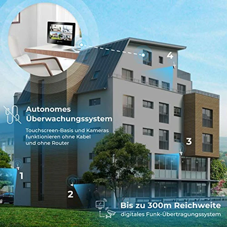 LUVISION Akku-Überwachungskamera mit 9" Monitor Full HD Funk kabellos mit Bewegungserkennung Gegensprechanlage Nachtsicht App Solar + Flutlicht kompatibel [Set 1x Kamera 1x Touchscreen] – Bild 5