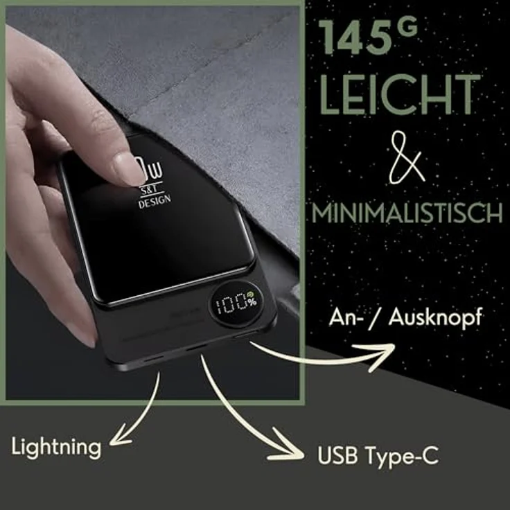 S&T Design Magnetische Powerbank 5000mAh, Kabellose Powerbank für iPhone Serie, PD 20W Mini Powerbank USB-C, Violett – Bild 5