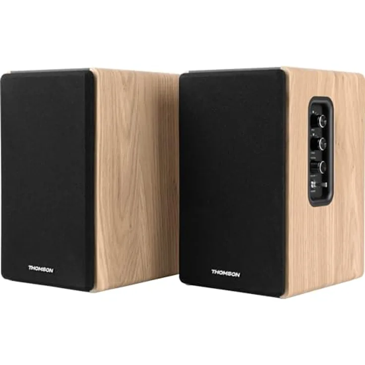 Thomson WS902DUO, Bluetooth 2 Regallautsprecher in Holz braun, 150 W, mit TV-Audio-, optischem und RCA-Eingang, Höhen- und Basseinstellungen