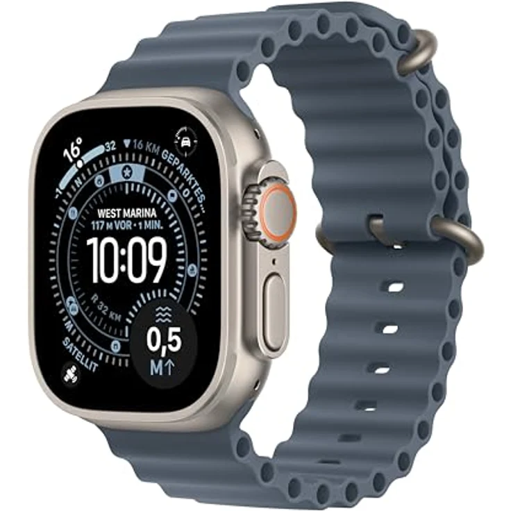 Apple Watch Ultra 3 GPS + Cellular, 49mm, Titangehäuse Silber, Ocean Band Blau - One Size – Bild 1