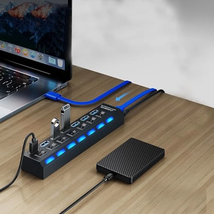 Retoo USB Hub 3.0 7 Port USB Verteiler 5gb/s, Datenhub mit Separater Schalter, Netzteil Port mit Einzelnen LED-Netzschaltern, Kompatibel für Laptop, PC und weitere USB Geräte - Preisvergleich – Bild 2