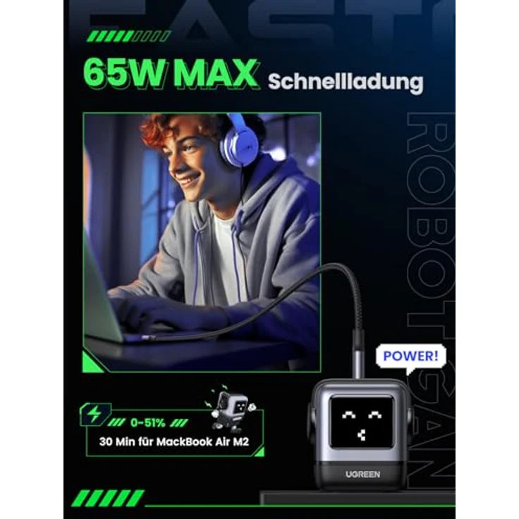 UGREEN RG USB C Ladegerät 65W Nexode RobotGaN Charger USB C Netzteil 3-Port Schnellladegerät LED Display kompatibel mit MacBook Pro/Air, iPad, iPhone 15 Pro, Galaxy S24 Ultra, Steam Deck (Schwarz) – Bild 3