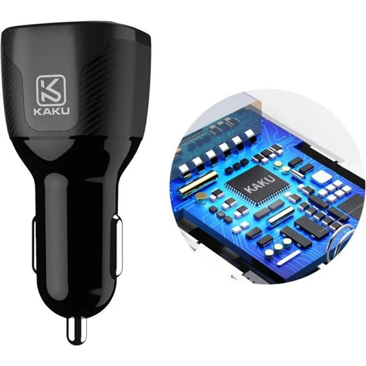 COFI Kaku Auto-Ladegerät 2.4A mit 2x USB Dual Port + 3in1 Ladekabel (Typ-C, Lightning, Micro-USB), schwarz