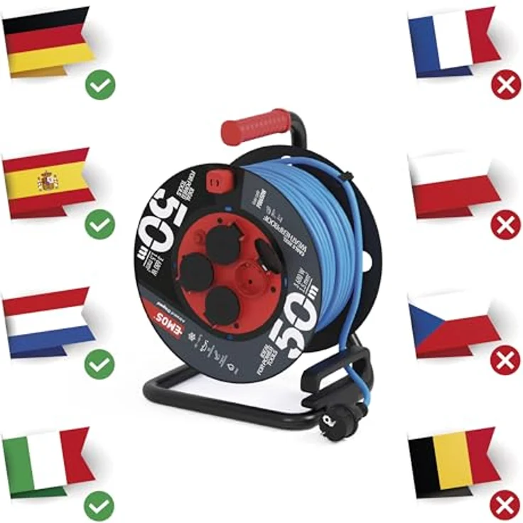 EMOS frostsichere Outdoor-Kabeltrommel 50m, blaues 1,5 mm2 Verlängerungskabel, 4 Schuko Steckdosen IP44 wasserdicht und frostbeständig – Bild 2