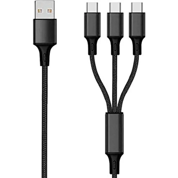 2GO Type C USB Ladekabel 1,5m - schwarz, für bis zu 3 Geräte mit 3000mA Ladeleistung, Nylon Ummantelung