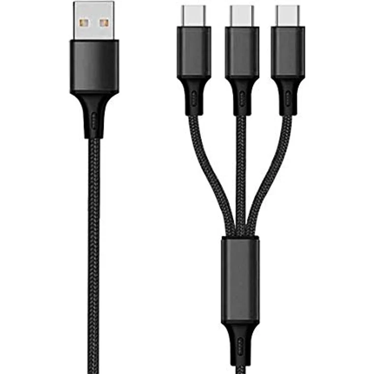 2GO Type C USB Ladekabel 1,5m - schwarz, für bis zu 3 Geräte mit 3000mA Ladeleistung, Nylon Ummantelung – Bild 1