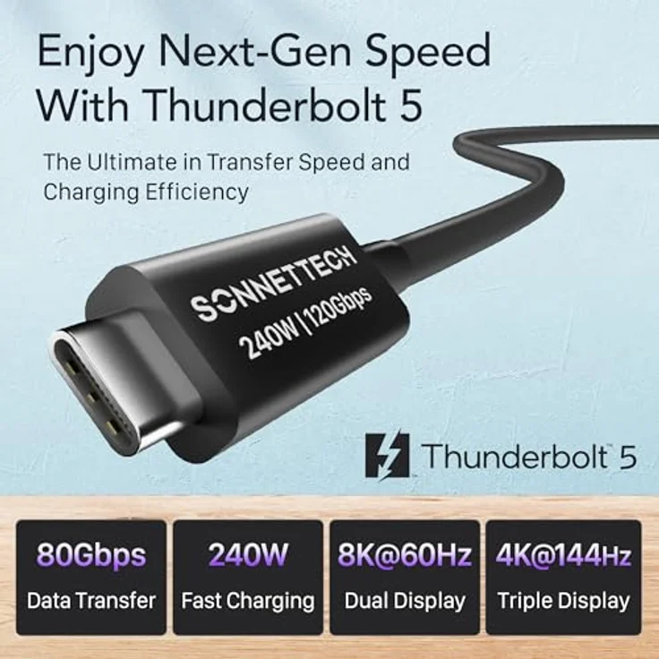 Sonnet Thunderbolt 5-Kabel, 1 m, Intel zertifiziert, 80 Gbit/s, 240 W Power Delivery, 8K-Video, kompatibel mit Thunderbolt 3, 4, USB4 und USB-C – Bild 2