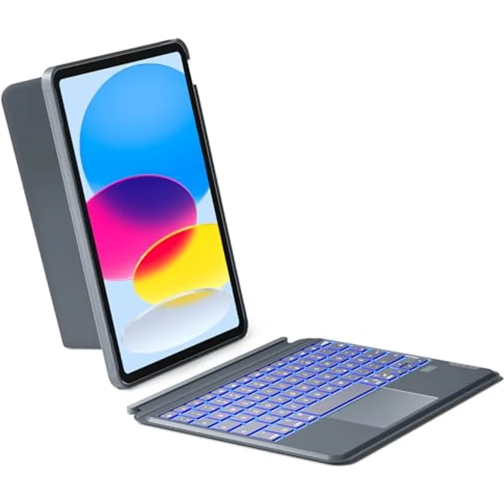 Inateck Hülle mit Tastatur für iPad 10 Generation, 10,9 Zoll 2022, Abnehmbar, 7-Farbiger Hintergrundbeleuchtung, Hoch-/Querformat Ständer, QWERTZ, KB04112