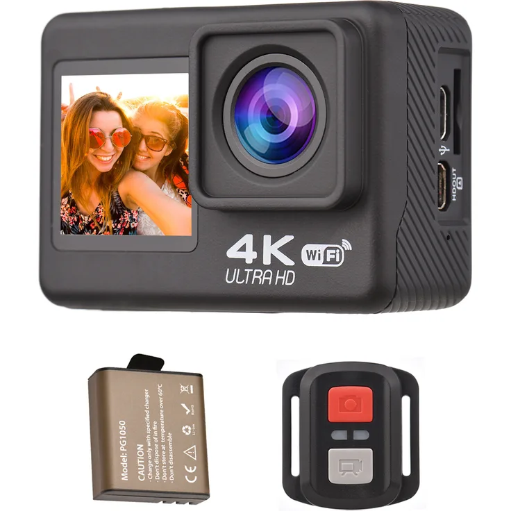 Lixada 4K60FPS Ultra High Definition WiFi Action Kamera, Dual Screen, 170° Weitwinkel, 30 Meter wasserdicht, mit Fernbedienung und 1 Li-Ion Akku, schwarz