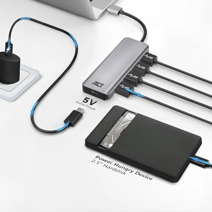 ACT USB Hub 3.0 AC6121, 4-Port USB 3.2, 5Gbps Datenübertragung, optionaler USB-C Stromanschluss, Plug & Play für PC/Notebook – Bild 5