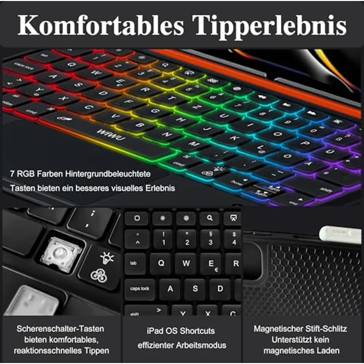 WIWU iPad Pro 11 Hülle mit Tastatur, 3 in 1 Magnetische Abnehmbare Tasche, Beleuchtete Tasten und Touchpad, Schwarz für iPad Pro 11" (M4/M5 2024/2025) – Bild 5