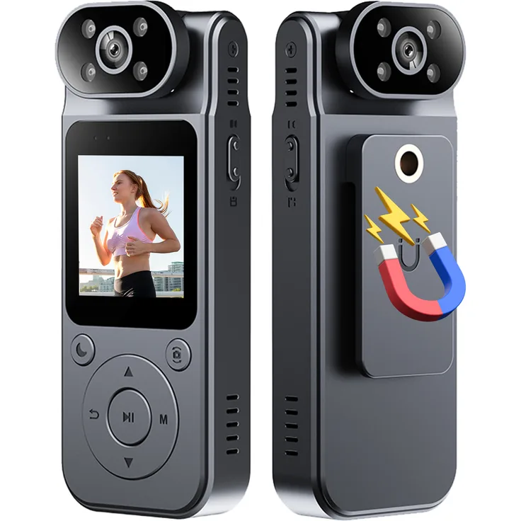 Lixada 4K Koerperkamera mit Audio- und Videoaufzeichnung, tragbare Mini-Videokamera mit 180° drehbarem Objektiv, Nachtsicht, magnetischem Rueckclip, geeignet für Strafverfolgung und Outdoor-Aktivitäten