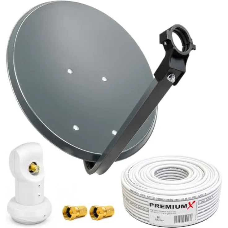 PremiumX PXS60 Camping Satelliten-Komplettanlage, 60cm Satellitenschüssel Anthrazit mit Single LNB, 10m Kabel und 2 F-Steckern