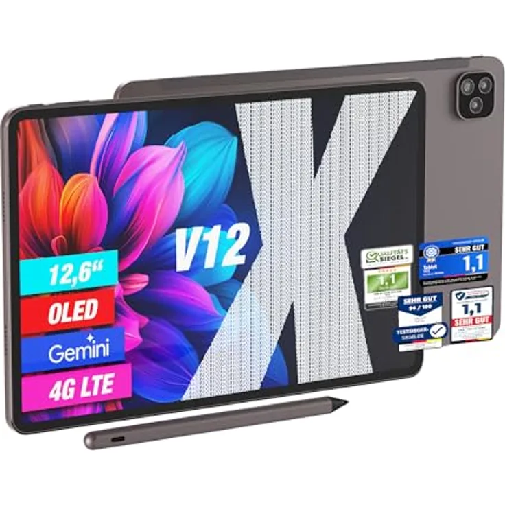 VALE Tablet V12X LTE, 12,6" AMOLED, MediaTek G99, 16GB RAM, 128GB Speicher, Android 15, Dual-SIM, inkl. Stift & Hülle, Dunkelgrau