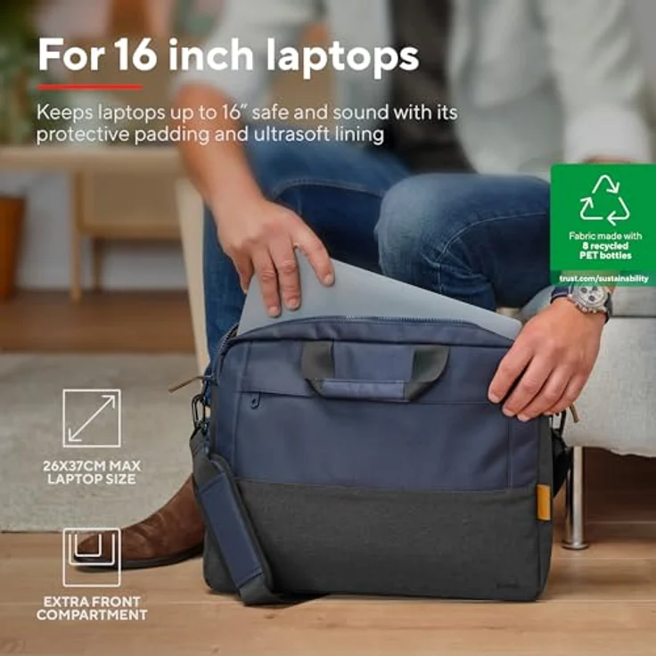 Trust Lisboa Laptoptasche 16 Zoll, Umhängetasche Herren Damen mit Trolley-Gurt, Tasche aus Recycelten PET-Flaschen, Arbeitstasche für Reisen Business MacBook Notebook HP Dell Asus Lenovo - Blau – Bild 2