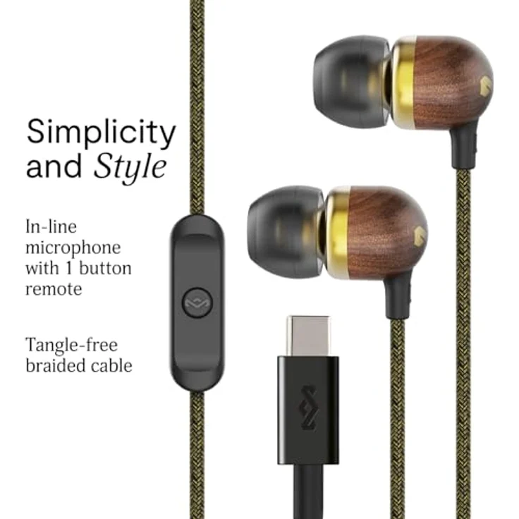 Marley House of Smile Jamaica, USB-C Kopfhörer mit 9,2-mm-Treiber, In-Ear-Kopfhörer, verwicklungsfreies Kabel, integriertes Mikrofon, Brass – Bild 2