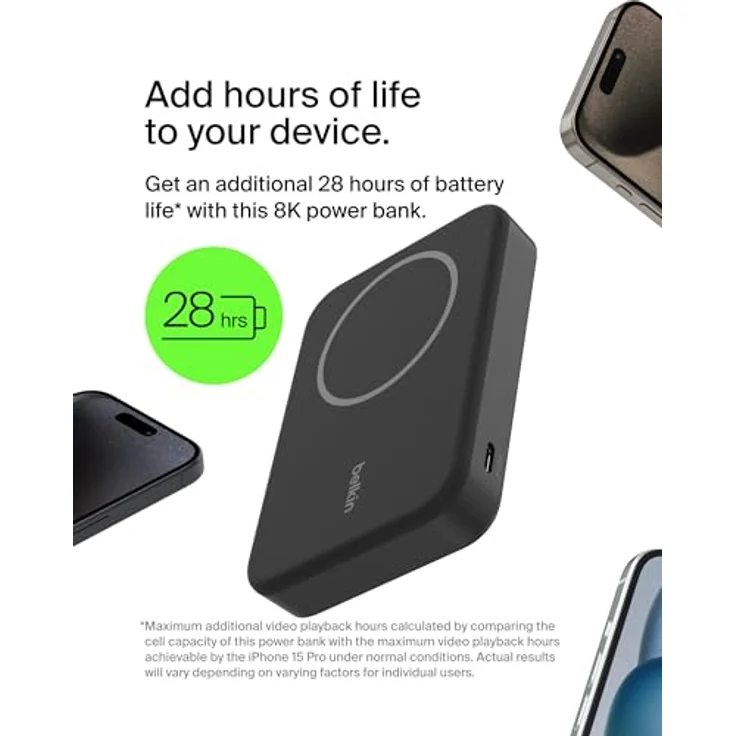 Belkin BoostCharge Pro kabellose Powerbank 8.000 mAh mit Qi2, MagSafe-kompatibles tragbares Ladegerät mit integriertem Ständer – Schwarz – Bild 3