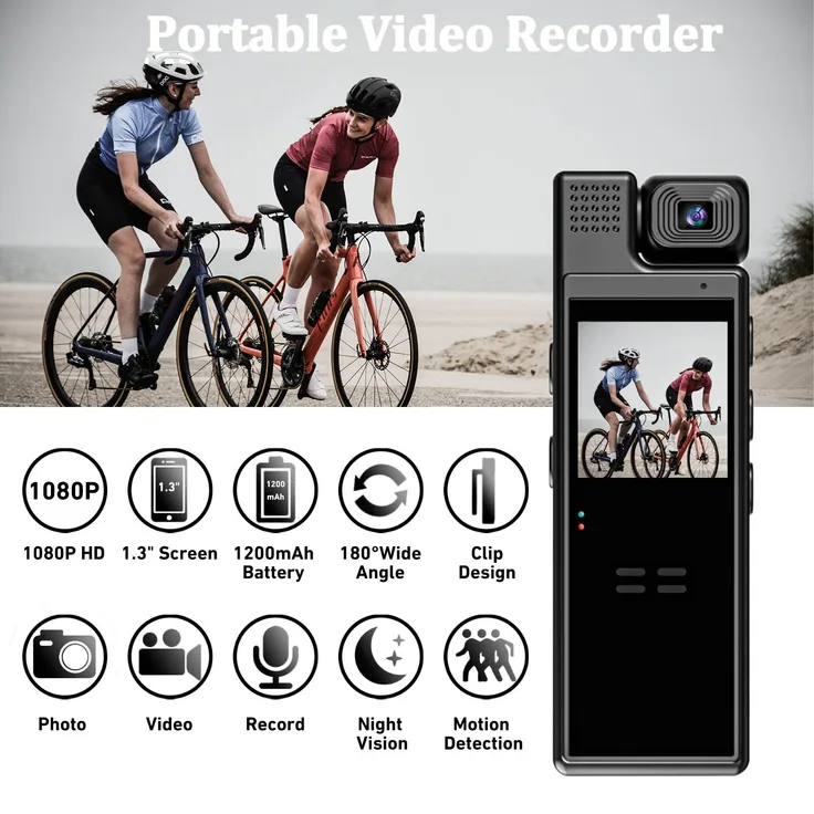 Exlene Sport-HD-Minikamera, 1080p mit 1,3-Zoll-Bildschirm, Infrarot-Nachtsicht, tragbarer Bodycam