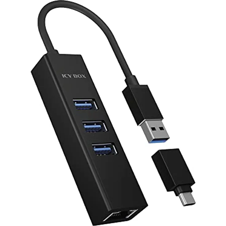 ICY BOX IB-HUB1419-LAN Aluminium USB HUB mit 3 USB 3.0 Ports und RJ45 Gigabit Ethernet Netzwerkadapter, Integriertes Type-A Kabel mit USB C Adapter für Windows und Mac OS X