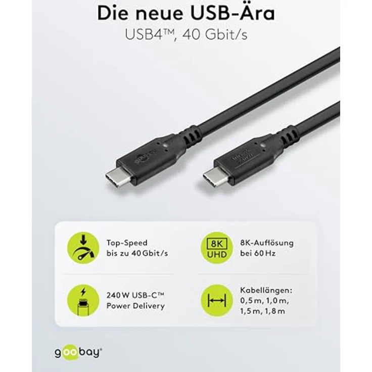 Goobay USB-Câ„¢ Kabel USB4â„¢, 240 W, 40 Gbit/s, Power Delivery, 1,8 m, Schwarz – Bild 2