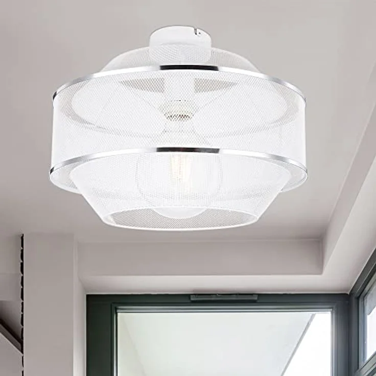 Globo Deckenleuchte Drahtgeflecht Esszimmer Designlampe Deckenlampe, 1 flammig mit zwei Chromringen in Gitteroptik, Metall Käfig weiß, E27 Fassung, 27,5x12x21,5 cm – Bild 3