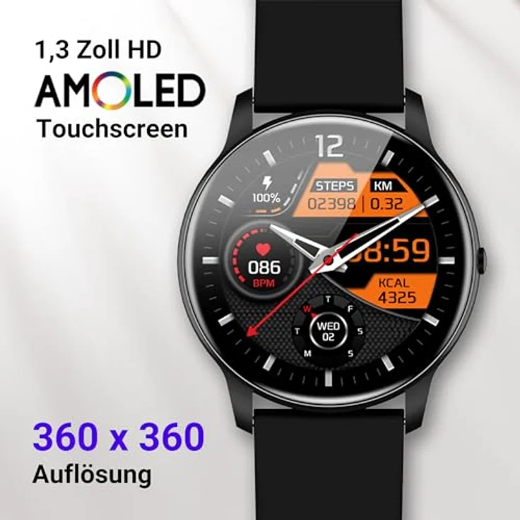 XINJI Smart Watch C2 mit Bluetooth, 1,3" AMOLED Touchdisplay, Puls-/Blutsauerstoff-Messung, Schlafmonitor, Kalorien-/Schrittzähler, Benachrichtigungsfunktion, Fernauslöser,3ATM Wasserdicht, schwarz – Bild 2