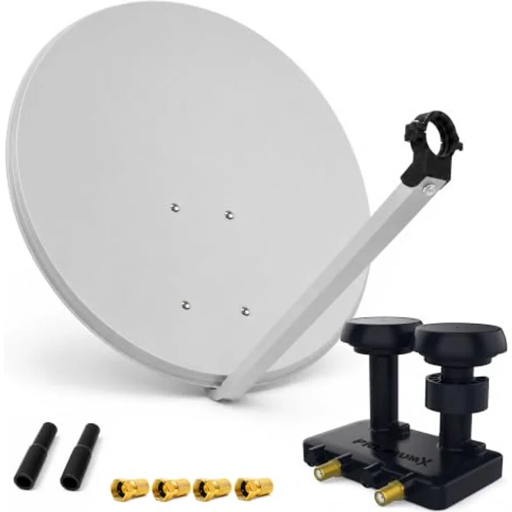 PremiumX SAT Anlage 80cm Antenne Twin Monoblock, Hellgrau, 4x vergoldete F-Stecker, für Astra19,2° und Hotbird 13°, 38,7 dB Gewinn – Bild 1