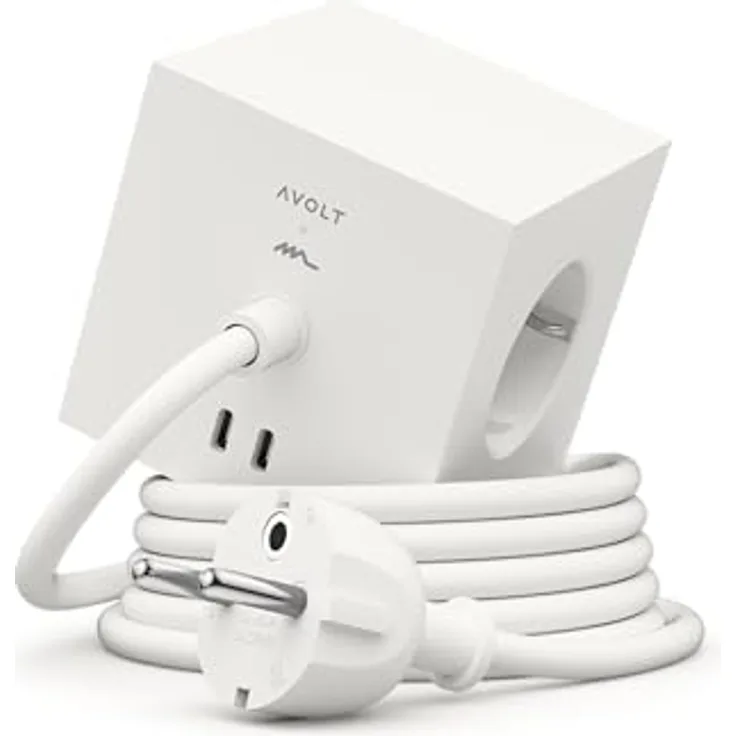 Avolt Steckdosenleiste Wurfel USB C - Magnetischer Fuß, 3 Steckdosen, 2 USB-Anschlüsse, Weiß, 1.8m