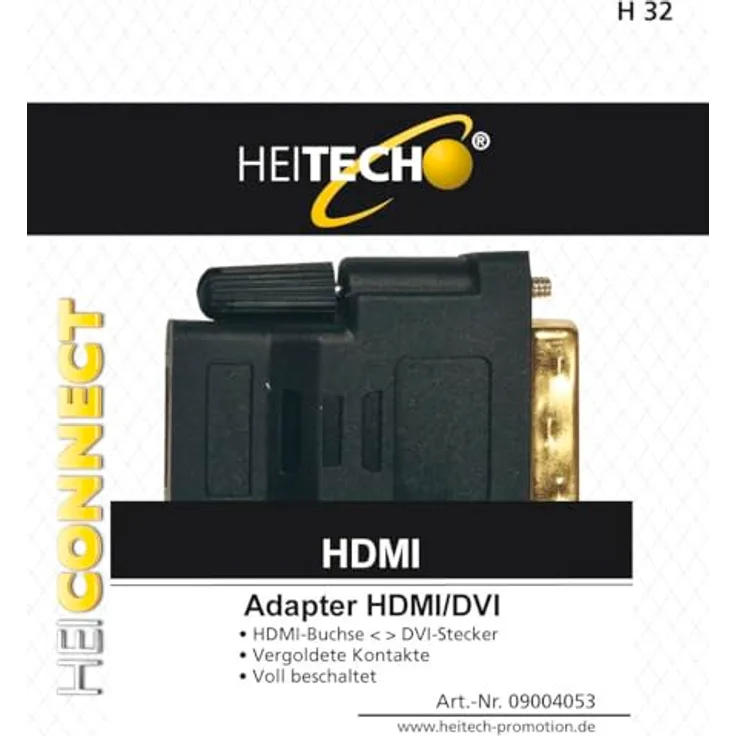 HEITECH DVI - HDMI - Adapter, DVI-Stecker<>HDMI-Buchse, vergoldete Kontakte, voll beschaltet