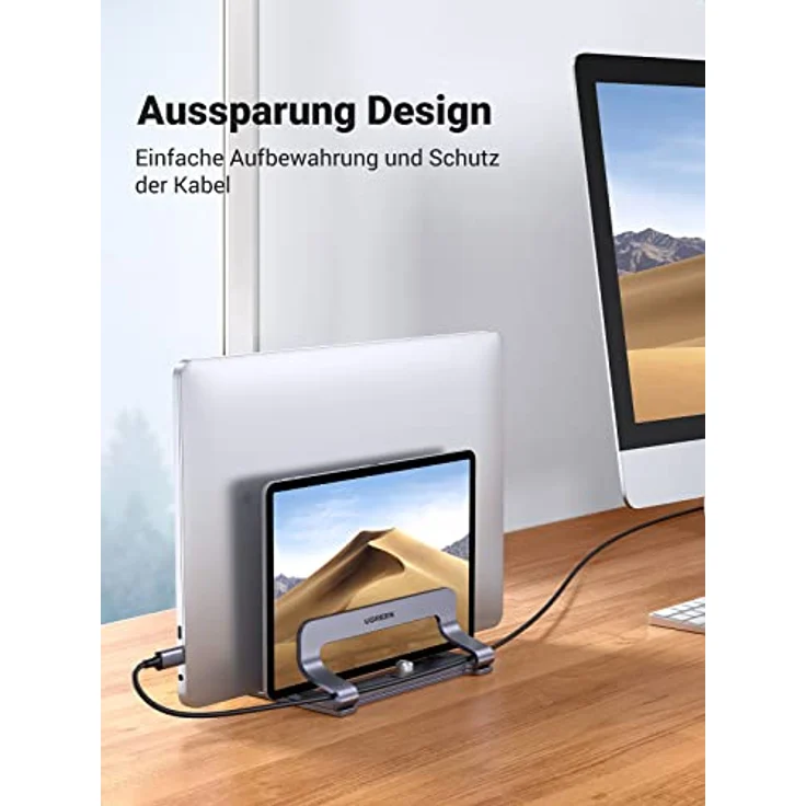 UGREEN Vertikaler Laptop Ständer Aluminium 2 Slot Vertikal Stand - Platzsparende Halterung für MacBook Pro/Air, iPad, Huawei, Surface, Dell, HP, Lenovo - Robust & Standsicher - Grau – Bild 2