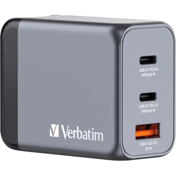 Verbatim GaN Charger 65 W, 3 Ports USB-C Ladegerät, Power Adapter mit 2 x USB-C und 1 x USB-A, Schnellladegerät als Mehrfachstecker, für Apple MacBook, Notebook, iPad, iPhone, Samsung und Co – Bild 1