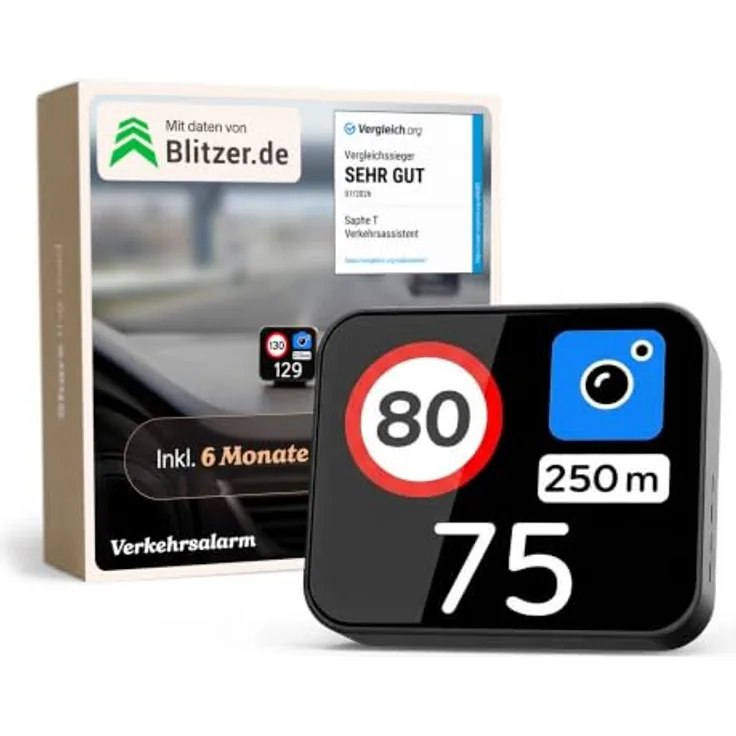 Saphe T Verkehrsassistent, Echtzeit-Warnungen vor Blitzern, tempolimitüberwachung, Touch-Bedienung, inkl. 6 Monate Premium+ Abo und lebenslange Garantie