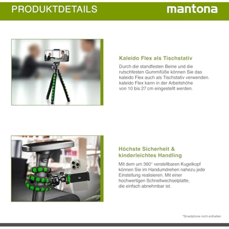Mantona kaleido Flex leichtes Flex Stativ (mit hochwertigem 360° Kugelkopf, geeignet für Digital und Videokameras, Smartphones und Action Cams) lime green – Bild 5
