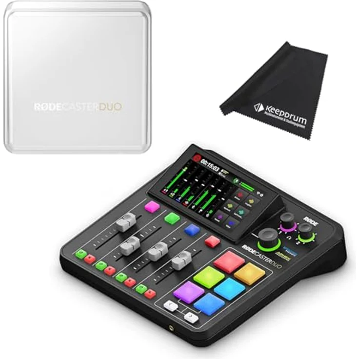 RØDE Rodecaster Duo Mischpult, Standalone-Gerät mit Dual USB Audio Interface, inkl. Rodecover Duo Schutz-Abdeckung und keepdrum Mikrofasertuch – Bild 1