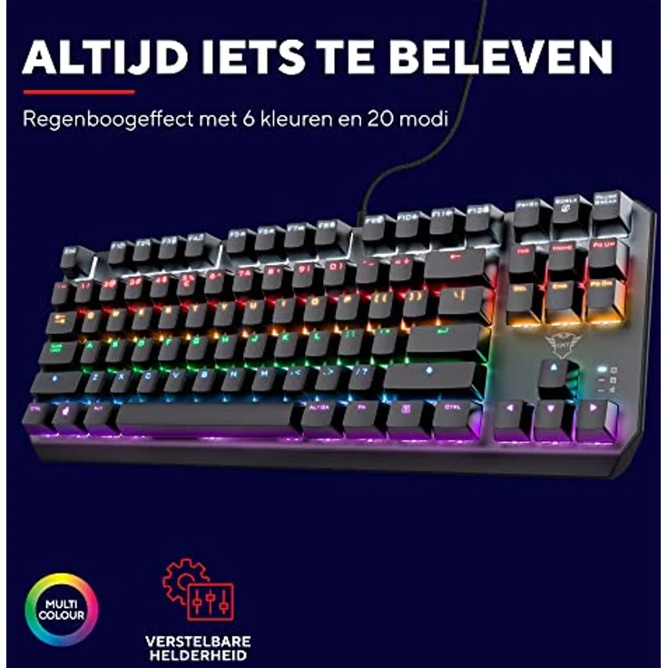 Trust Gaming GXT 834 Callaz TKL Mechanische Tastatur, US/NL QWERTY Layout, Outemu-Schalter, Mehrfarbige LED-Beleuchtung, 12 Media-Tasten, USB Gaming Tastatur 80 Prozent für PC, Laptop, Mac – Bild 4