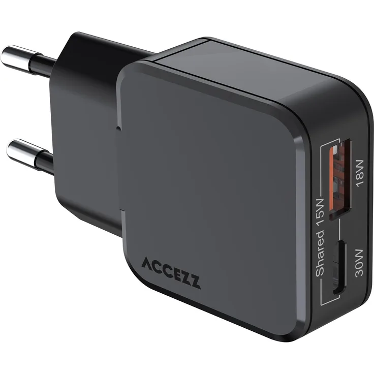Accezz Ultra Slim GaN Ladegerät, USB-C + USB-A, 30 W, Schwarz