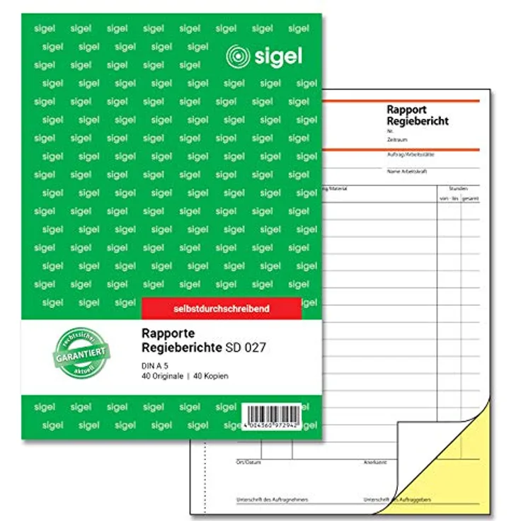 Sigel Formularblock Rapport/Regiebericht A5 hoch, 56g/qm, 40 Blatt, selbstdurchschreibend, gelb, mit Abheftlochung und Microperforation